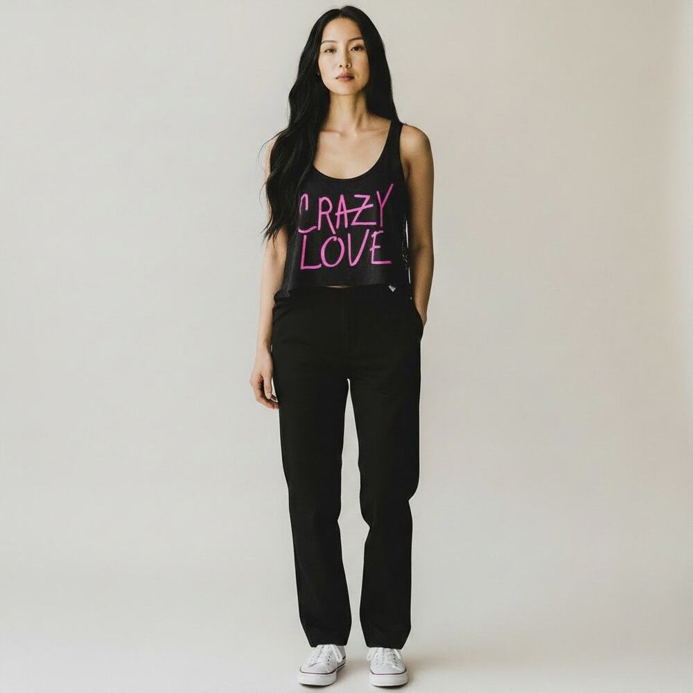 Vintage Y2K Forever 21 Crazy Love Black Hot Pink Lace Sleeveless T-Shirt Small